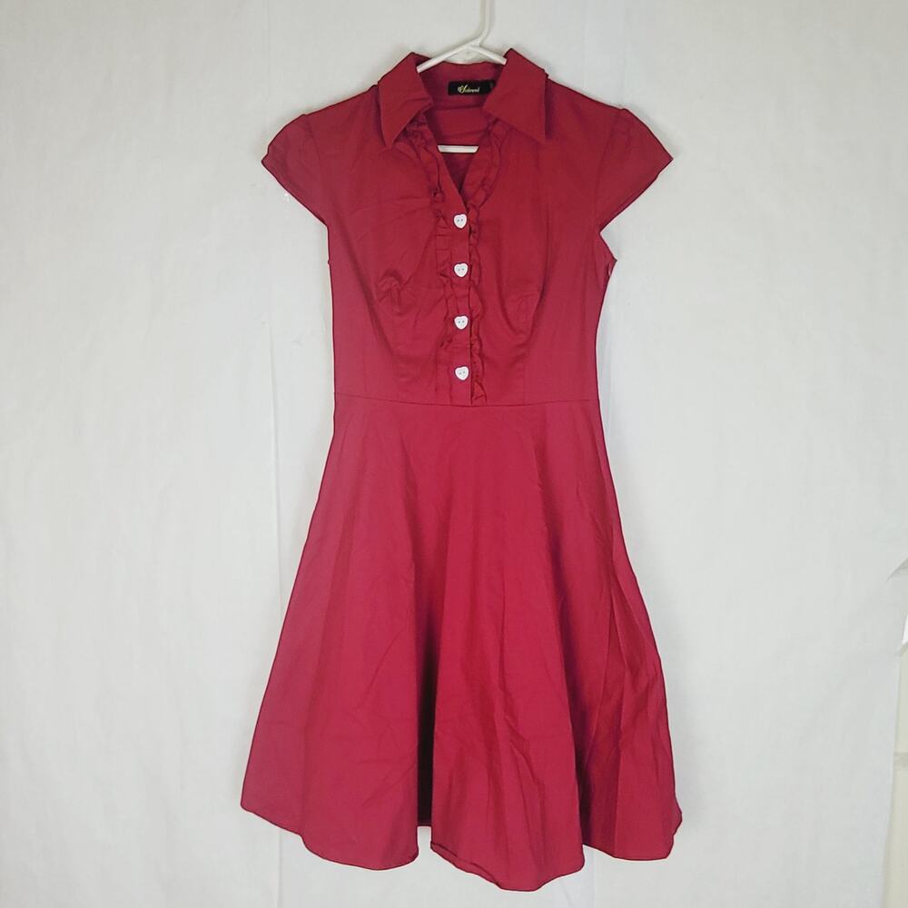 Wedtrend red heart button ruffled shirt swing dress Size Medium Retro Feminine
